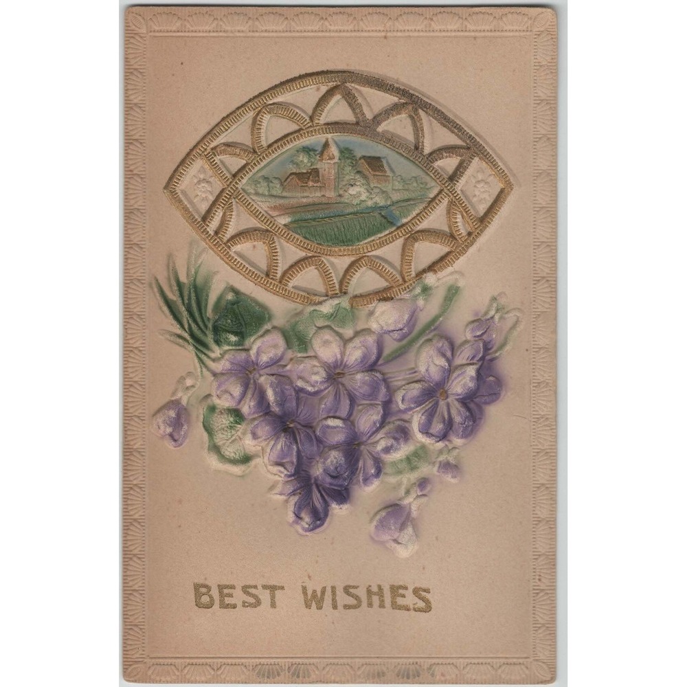 Antique Embossed Postcard Best Wishes Purple Violets Village Church Vignette - Picture 1 of 2